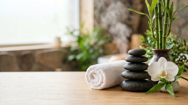 Elementos zen: bambú, piedras, lotus